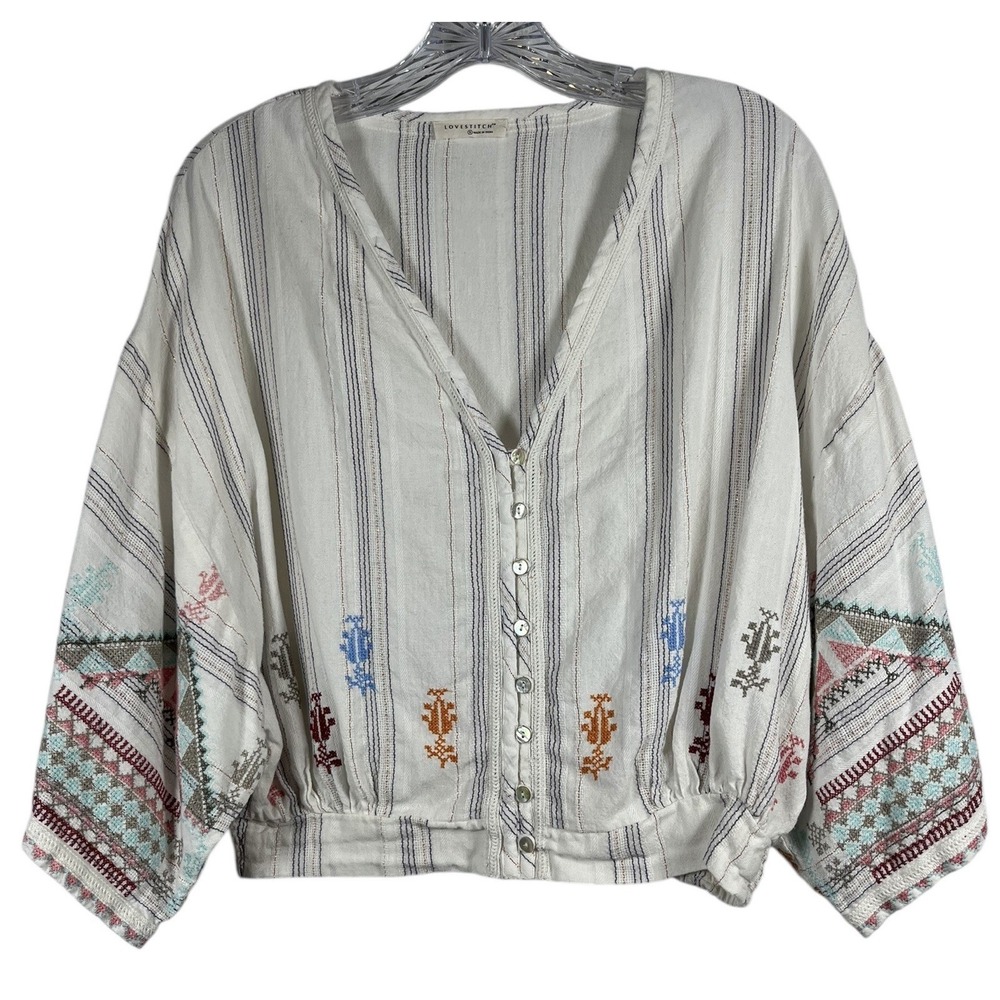 LOVESTITCH Sz S‎ Gauze Top Bohemian Floral Embroidery Cross Stitch White Cotton